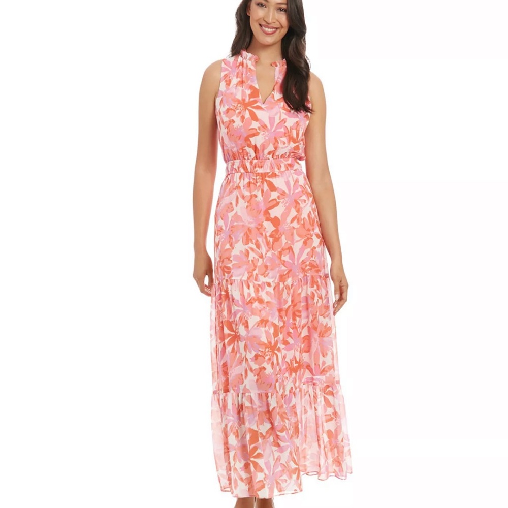 Maggy London Vibrant Pink and Orange Maxi Dress Floral feminine